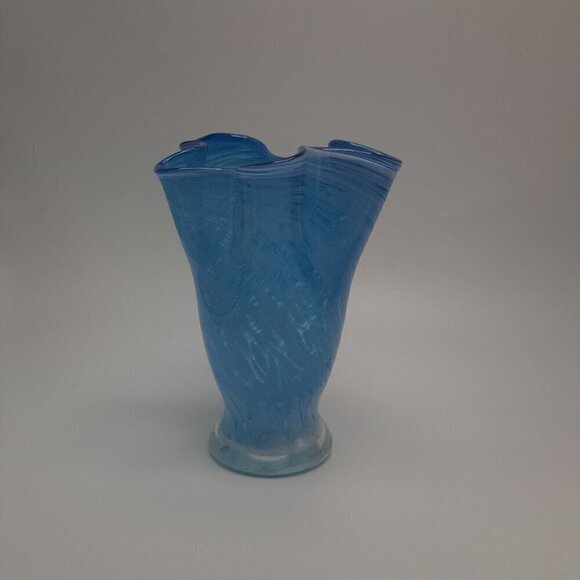 Vintage Blown Glass Swung Ruffled Blue Vase - Picture 4 of 7